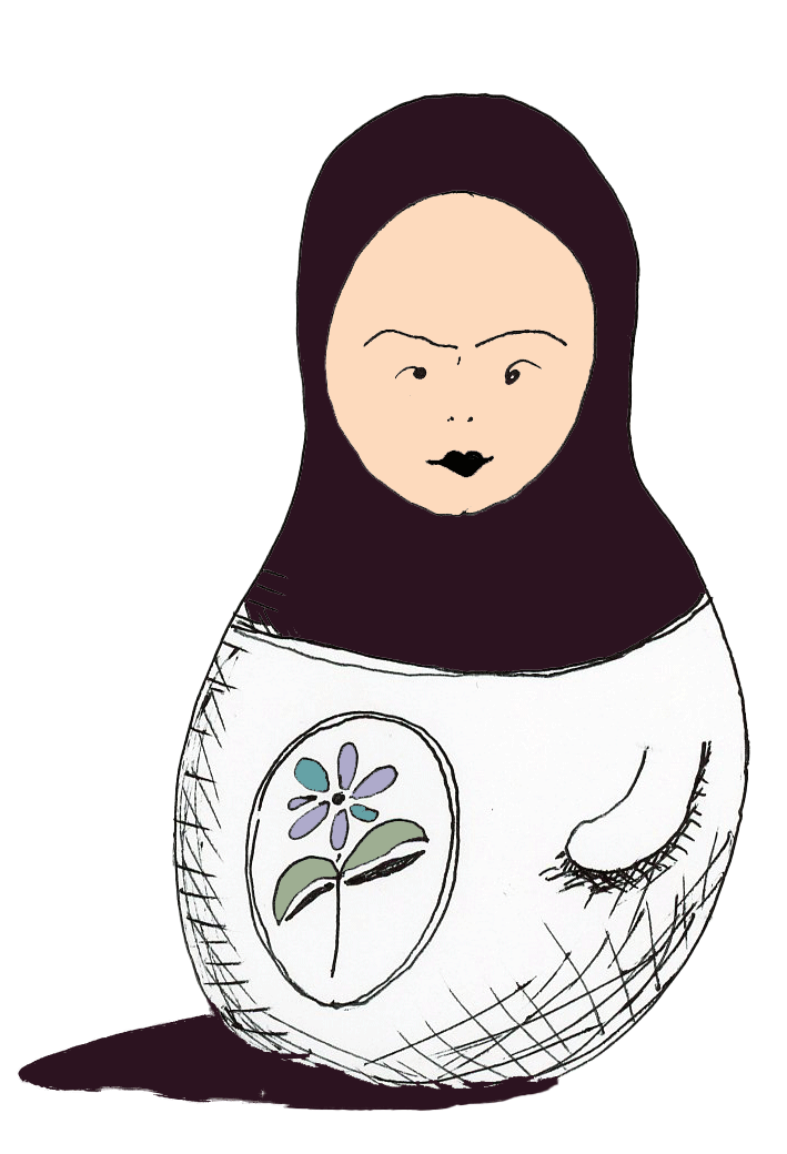 matroyska doll with black lipstick jumping in the air